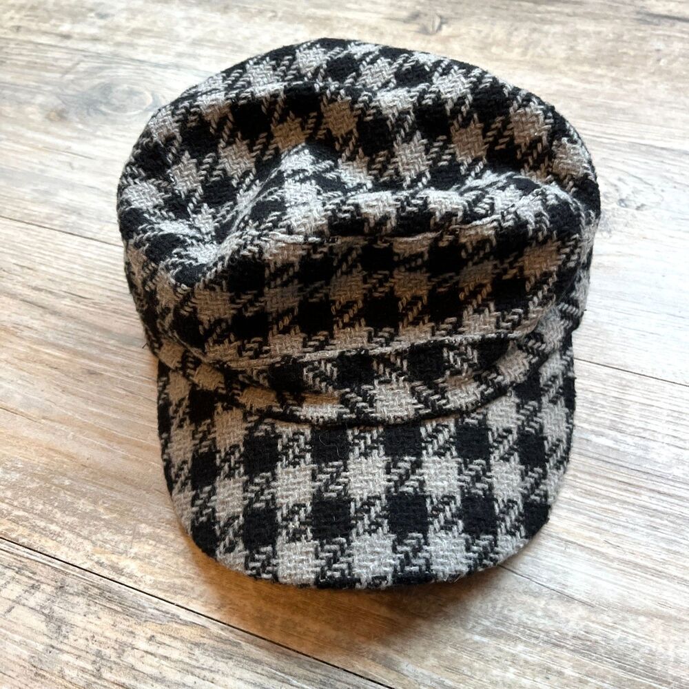 Y2K Plaid Newsboy Cap Fashionista Glam HSM Black White Gray Fabric Houndstooth